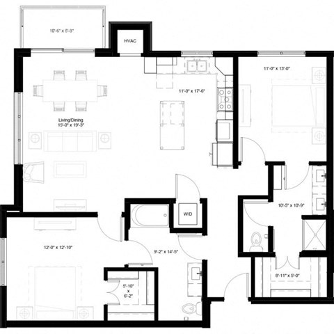Floor plan for 2 beds, 2 baths, 1303 sqft